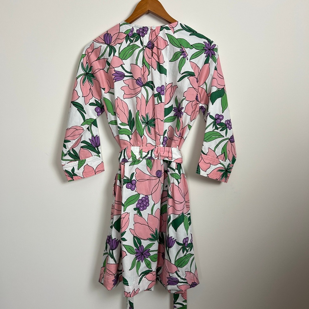 Banjanan White Pink Floral Cotton Tie Waist Dress Pockets Size M‎ - Picture 2 of 16